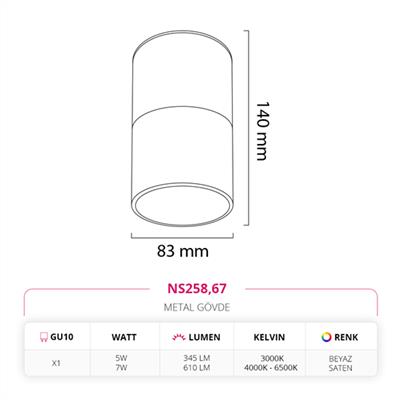 Moda Aydınlatma Sıva Üstü Led Spot Beyaz Saten MD-S 3128-67