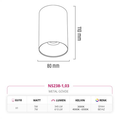Moda Aydınlatma Sıva Üstü Led Spot Beyaz Siyah MD-S 3073-03
