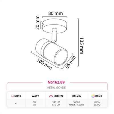 Moda Aydınlatma Sıva Üstü Led Spot Krom Beyaz MD-S 3050-89