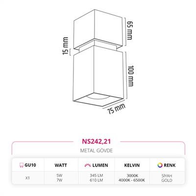 Moda Aydınlatma Sıva Üstü Led Spot Siyah Gold MD-S 3091-21