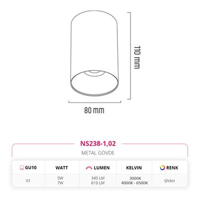 Moda Aydınlatma Sıva Üstü Led Spot Siyah MD-S 3072-02