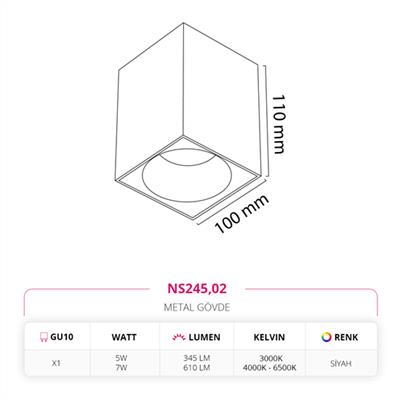Moda Aydınlatma Sıva Üstü Led Spot Siyah MD-S 3098-02
