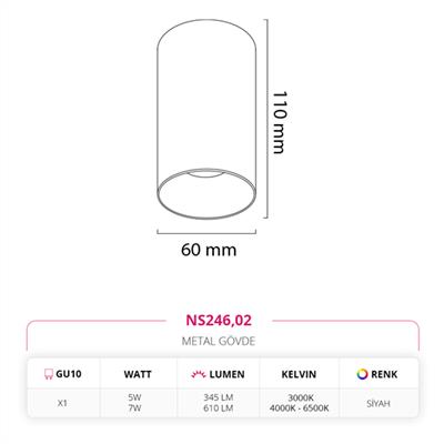 Moda Aydınlatma Sıva Üstü Led Spot Siyah MD-S 3103-02