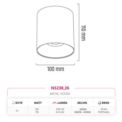 Moda Aydınlatma Sıva Üstü Led Spot Siyah Portakal MD-S 3083-26