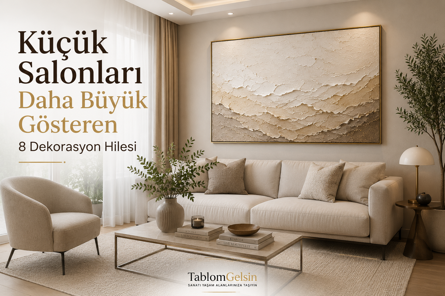Küçük salonu daha geniş gösteren modern dekorasyon ve büyük boy dokulu yağlı boya tablo örneği