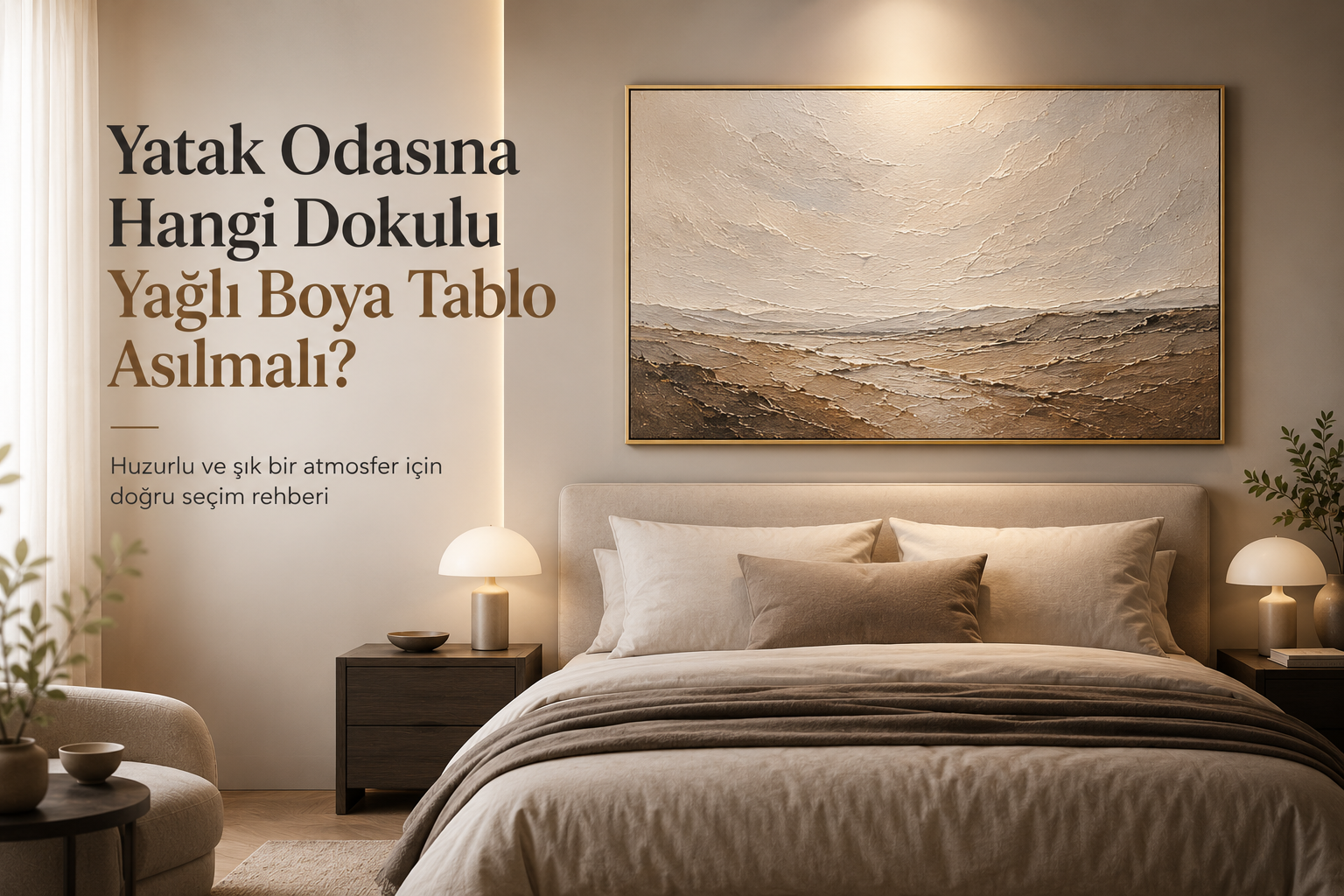 Modern yatak odasında kullanılan dokulu yağlı boya tablo ile huzurlu dekorasyon örneği,Tablomgelsin