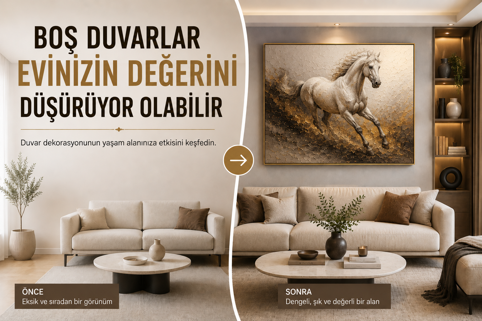 boş duvar dekorasyonu,Modern salonda kullanılan büyük boy dokulu yağlı boya tablo ile boş duvar dekorasyonu örneği