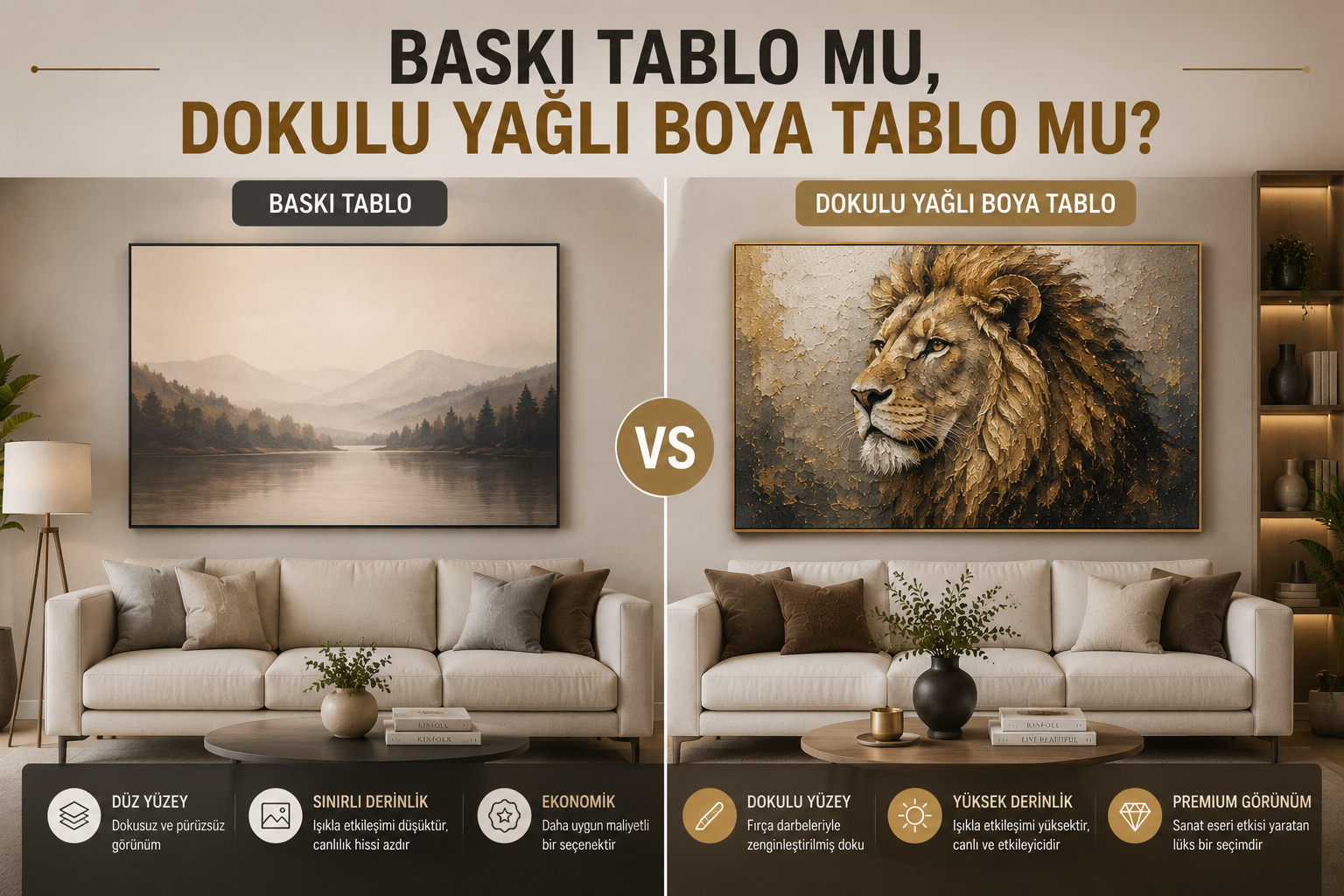 baskı tablo ve dokulu yağlı boya tablo karşılaştırması yapılan modern salon dekorasyonu,baskı tablo ve dokulu yağlı boya tablo farkı