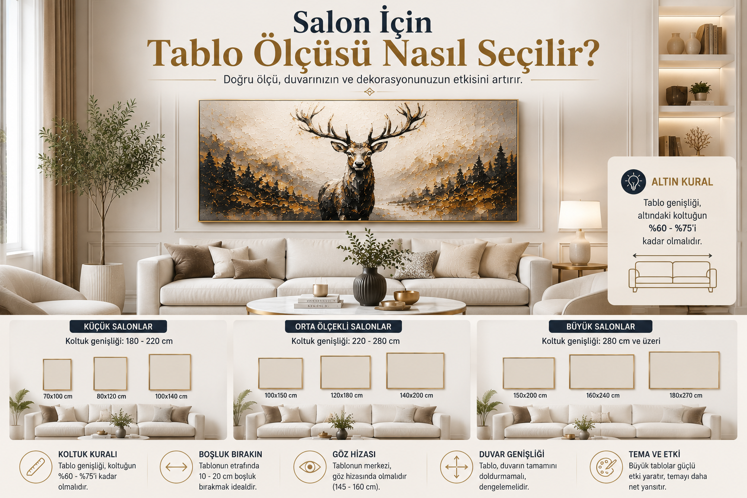 Salon duvarında doğru ölçüde seçilmiş dokulu yağlı boya tablo örneği,salon için tablo ölçüsü