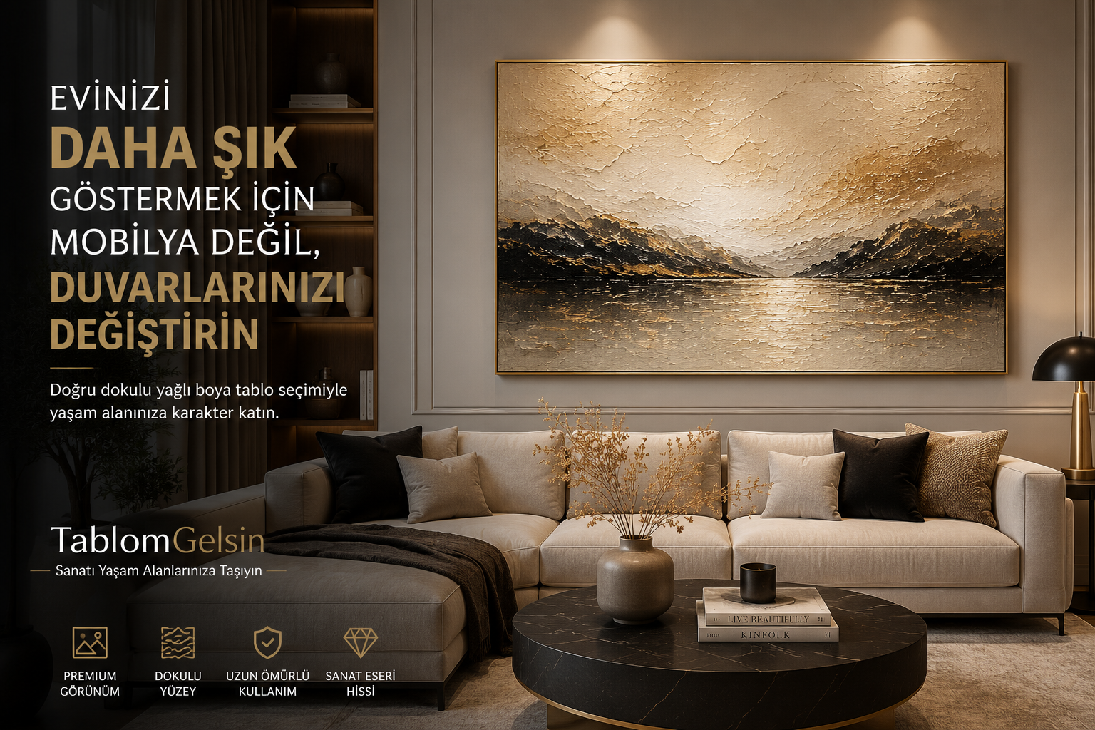Modern salon dekorasyonunda kullanılan büyük boy dokulu yağlı boya tablo örneği ve şık duvar tasarımı.