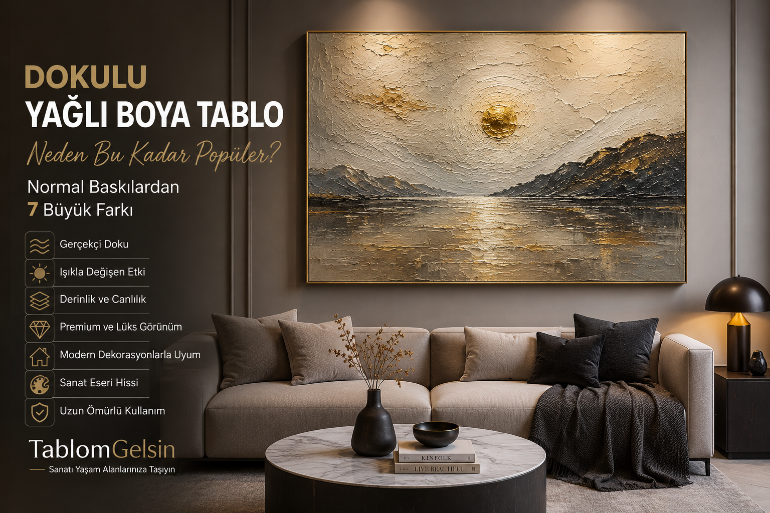 Modern salonda kullanılan premium dokulu yağlı boya tablo ve yüzey detayları