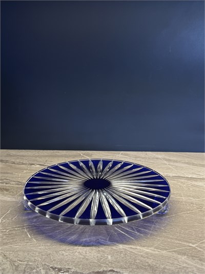 Düz Cam Tabak Kristal Top Ayaklı 21 Cm Dik Kesme Mavi