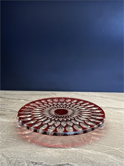 Düz Cam Tabak Kristal Top Ayaklı 21 Cm Damla Kırmızı