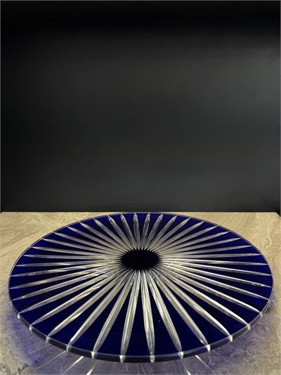 Düz Cam Tabak Kristal Top Ayaklı 35 Cm Dik Kesme Mavi