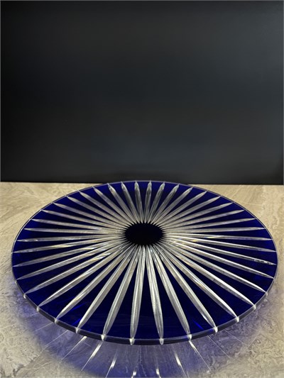 Düz Cam Tabak Kristal Top Ayaklı 35 Cm Dik Kesme Mavi