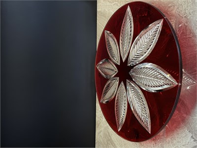 Düz Cam Tabak Kristal Top Ayaklı 35 Cm Yaprak Kırmızı