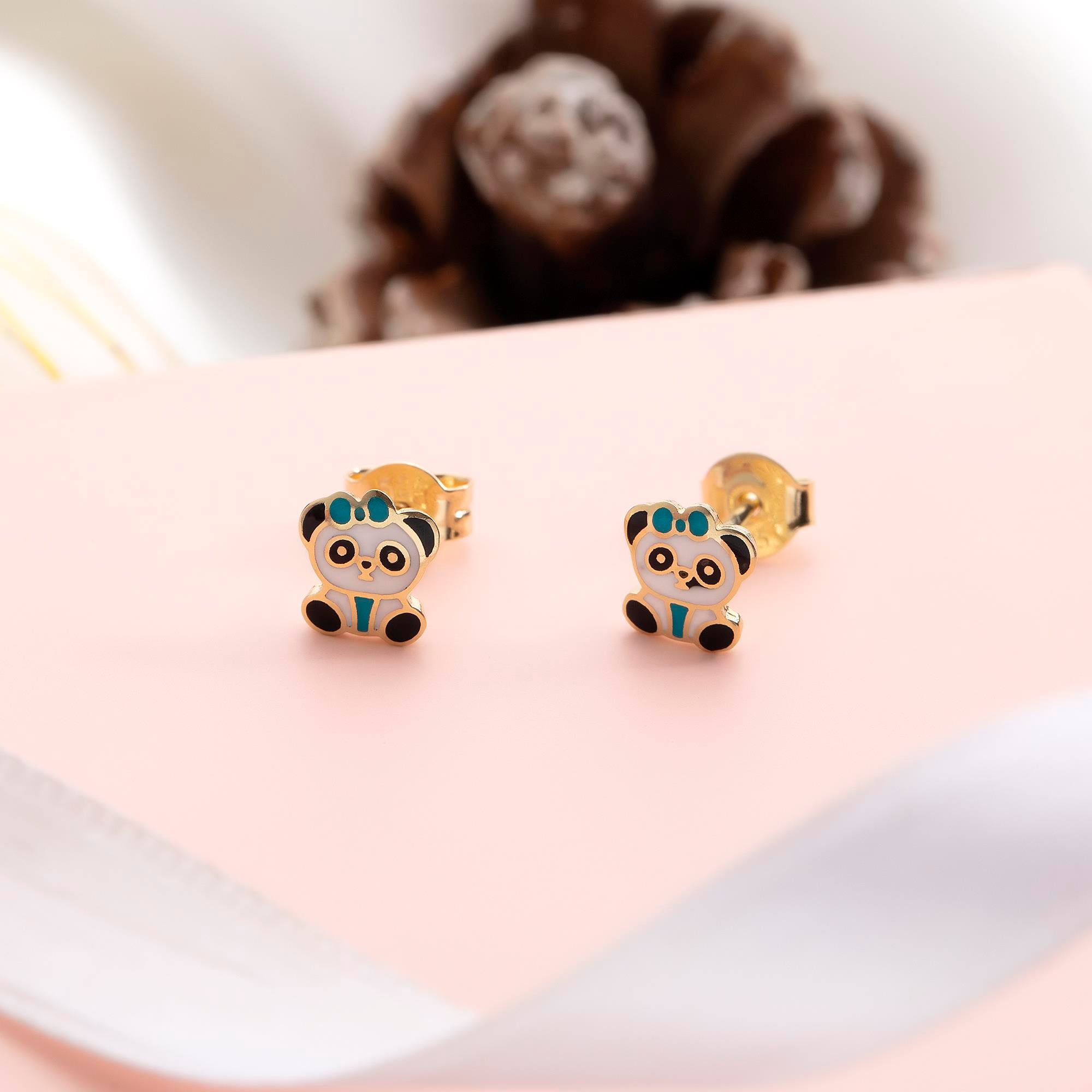 14 Ayar Sarı Altın Panda Figürlü Çocuk Küpe