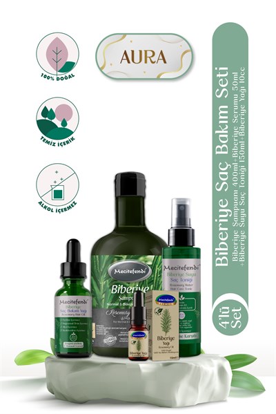 Biberiye Saç Bakım Seti Aura - Biberiye Şampuanı 400 Ml + Biberiye Serumu 50 Ml + Biberiye Suyu Saç Toniği 150 Ml + Biberiye Yağı 10 Ml