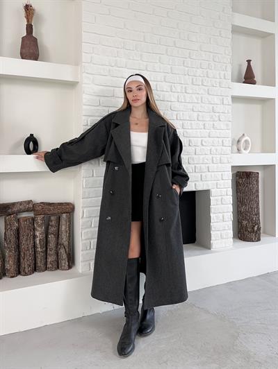 Antrasit Kaşe Pelerinli Kuşaklı Düğmeli Oversize Kaban