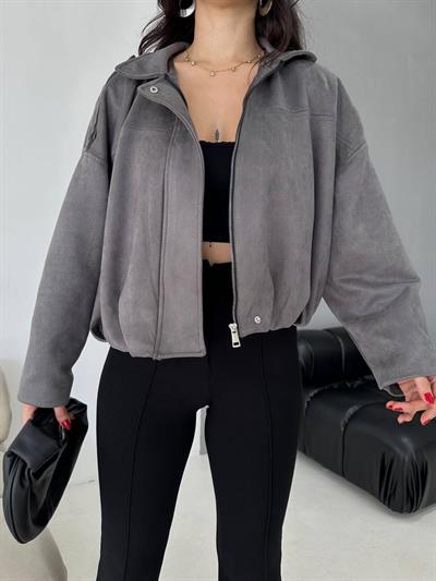 Gri Bomber Oversize Süet Ceket