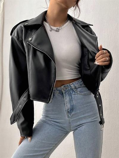 Kemerli Oversize Crop Deri Ceket