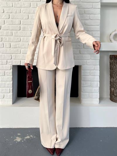 Krem Kuşaklı Bağlamalı Ceket Pantolon Blazer Takım