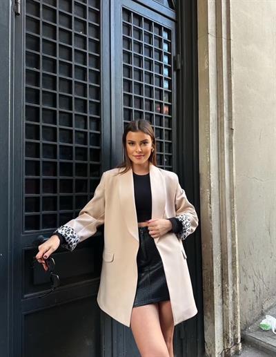 Krem Leopar Astarlı Blazer Ceket