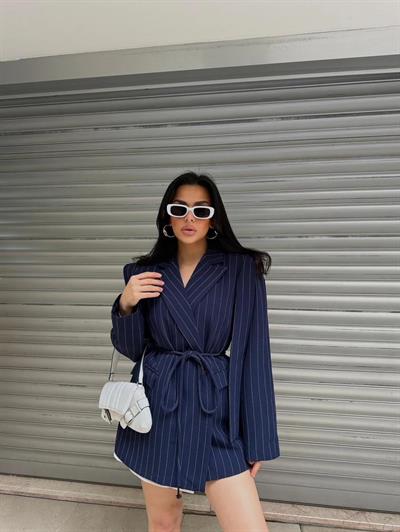 Lacivert Çizgili Bağlamalı Blazer Ceket