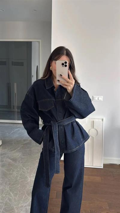 Lacivert Kuşaklı Denim Takım