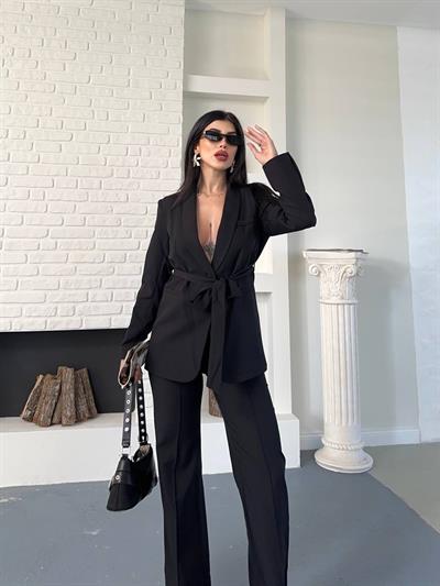 Siyah Kuşaklı Bağlamalı Ceket Pantolon Blazer Takım