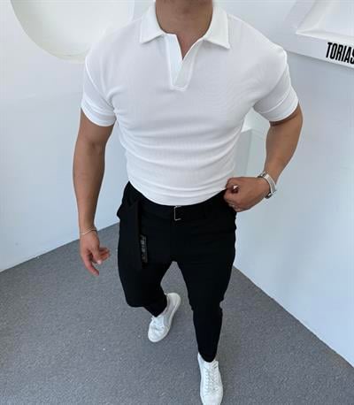 Kendinden Kemerli Pantolon Polo Yaka Tişörtlü Takım