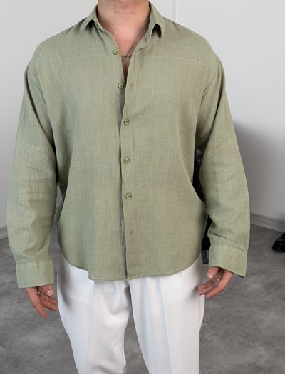  YIKAMALI  %PAMUK UZUN KOL OVERSİZE GÖMLEK ÇAĞLA YEŞİLİ