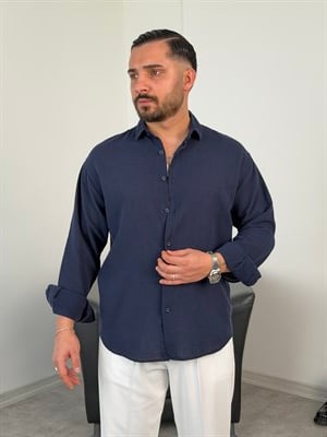  YIKAMALI  %PAMUK UZUN KOL OVERSİZE GÖMLEK LACİVERT