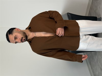  YIKAMALI  %PAMUK UZUN KOL OVERSİZE GÖMLEK ACI KAHVE