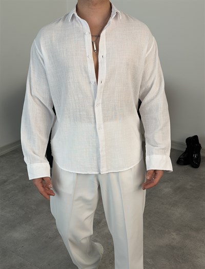  YIKAMALI  %PAMUK UZUN KOL OVERSİZE GÖMLEK BEYAZ