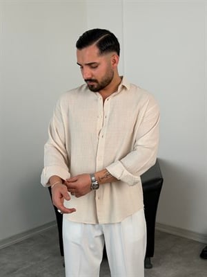  YIKAMALI  %PAMUK UZUN KOL OVERSİZE GÖMLEK BEJ