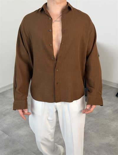  YIKAMALI  %PAMUK UZUN KOL OVERSİZE GÖMLEK ACI KAHVE