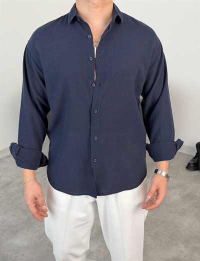  YIKAMALI  %PAMUK UZUN KOL OVERSİZE GÖMLEK LACİVERT