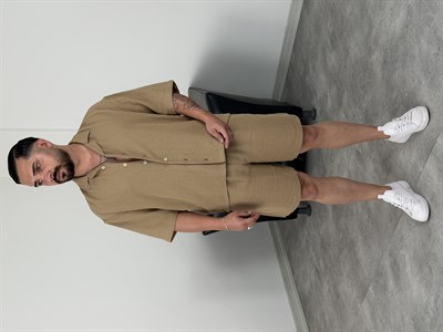 TRS %100 KETEN OVERSİZE ŞORTLU TAKIM CAMEL