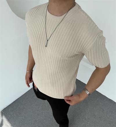 %100 Pamuk Şeritli Bisiklet Yaka Triko Bej