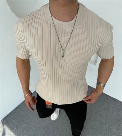 %100 Pamuk Şeritli Bisiklet Yaka Triko Bej