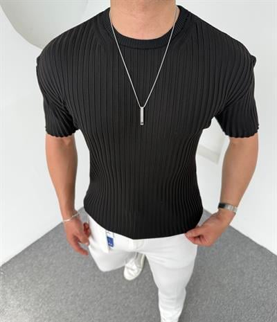 %100 Pamuk Şeritli Bisiklet Yaka Triko Siyah