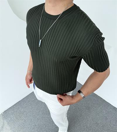 %100 Pamuk Şeritli Bisiklet Yaka Triko Haki Yeşil