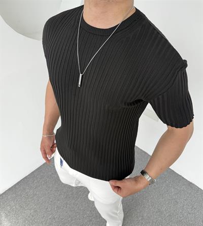 %100 Pamuk Şeritli Bisiklet Yaka Triko Siyah