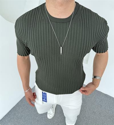 %100 Pamuk Şeritli Bisiklet Yaka Triko Haki Yeşil