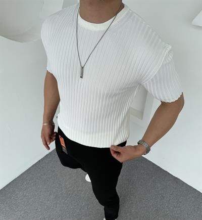 %100 Pamuk Şeritli Bisiklet Yaka Triko Sedef Beyazı