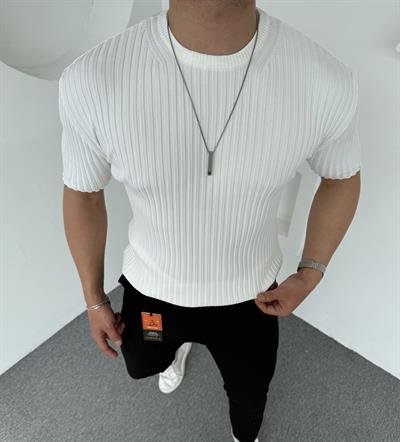 %100 Pamuk Şeritli Bisiklet Yaka Triko Sedef Beyazı