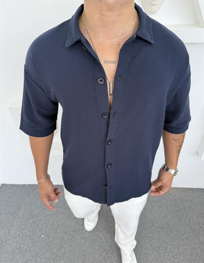 %100 PAMUK YIKAMALI KISAKOL OVERSİZE GÖMLEK LACİVERT