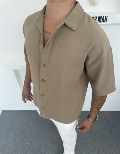 %100 PAMUK YIKAMALI KISAKOL OVERSİZE GÖMLEK KREMİT