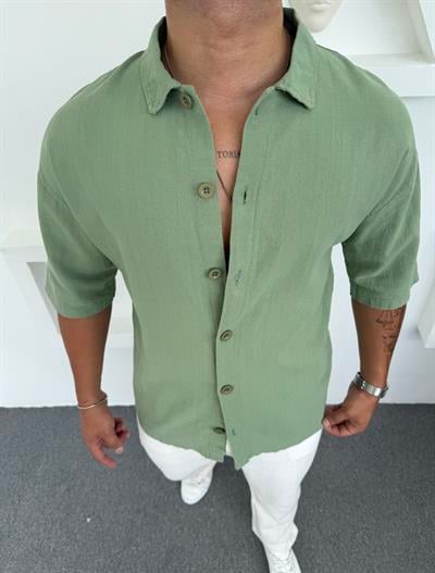 %100 PAMUK YIKAMALI KISAKOL OVERSİZE GÖMLEK MİNT YEŞİLİ